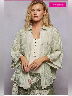 POL Embroidered Floral Scalloped Button Down Shacket